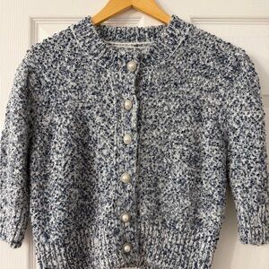 Chunky Pearl-Button Blue & White Knit Cardigan Sweater
